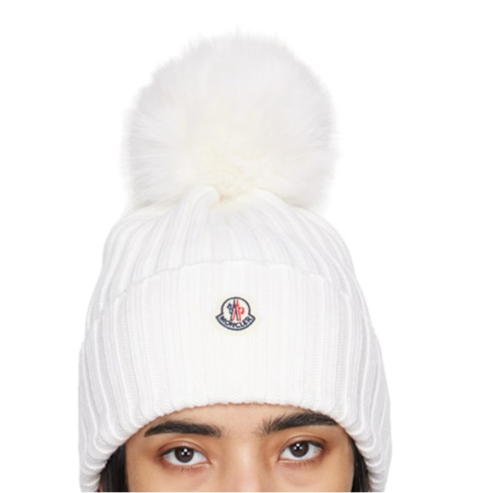 Moncler Women's Ivory Knit Beanie with Pom-Pom